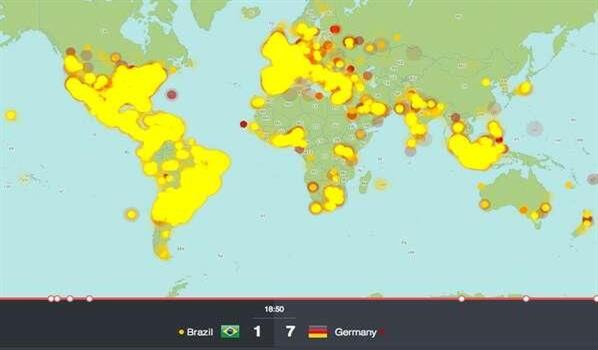 Ο παγκόσμιος χάρτης με τα 35,6 εκατ. tweets του αγώνα Βραζιλία – Γερμανία