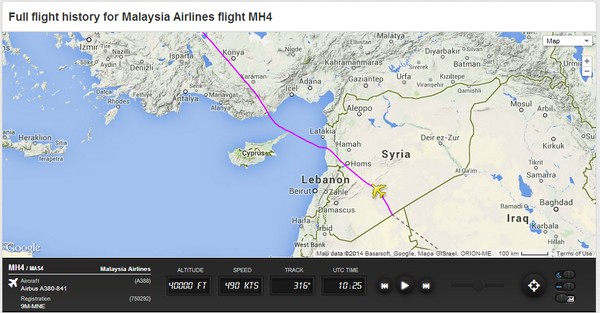 Η πτήση MH4 της Malaysia Airlines απέφυγε την Ουκρανία αλλά πέταξε πάνω από τη Συρία