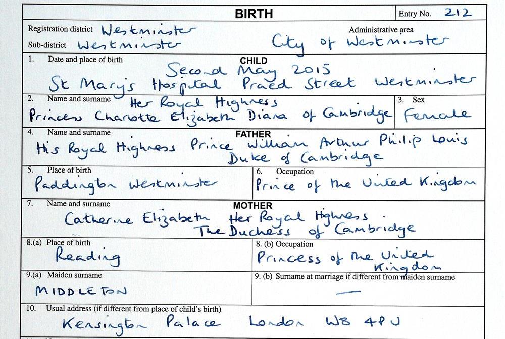 Το πιστοποιητικό γέννησης της νέας πριγκίπισσας του Ηνωμένου Βασιλείου