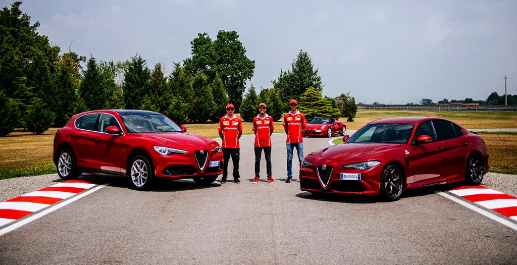 Τρεις οδηγοί της Ferrari με Alfa Romeo Giulia