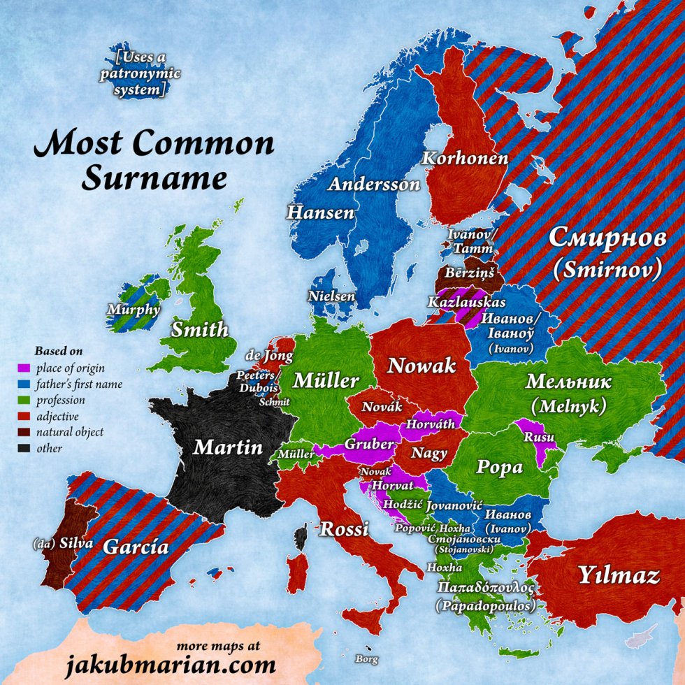 Αυτά είναι τα πιο δημοφιλή επώνυμα σε κάθε χώρα της Ευρώπης (δείτε χάρτη)