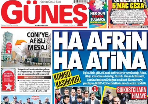 Συνεχίζεται ο πόλεμος προπαγάνδας στα τουρκικά ΜΜΕ: «Τι Αφρίν, τι Αθήνα»