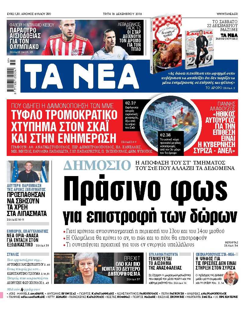 Διαβάστε στα «ΝΕΑ» της Τρίτης: Πως και πότε θα επιστραφούν τα δώρα στους δημοσίους υπαλλήλους