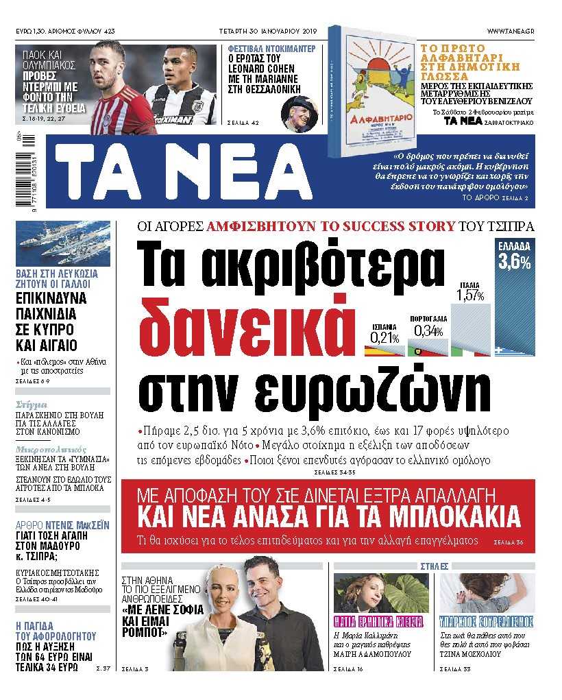 Διαβάστε στα «ΝΕΑ» της Τετάρτης: «Τα ακριβότερα δανεικά στην Ευρωζώνη»