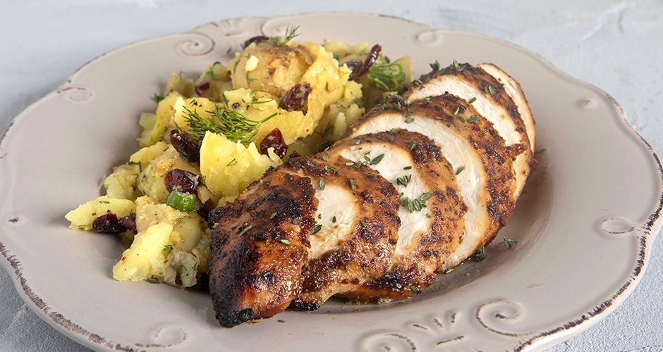 Γλυκόξινο κοτόπουλο στο φούρνο με πατάτες baby