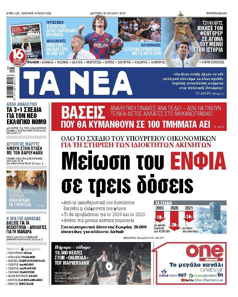 Διαβάστε στα «ΝΕΑ» της Δευτέρας: Μείωση του ΕΝΦΙΑ σε τρεις δόσεις