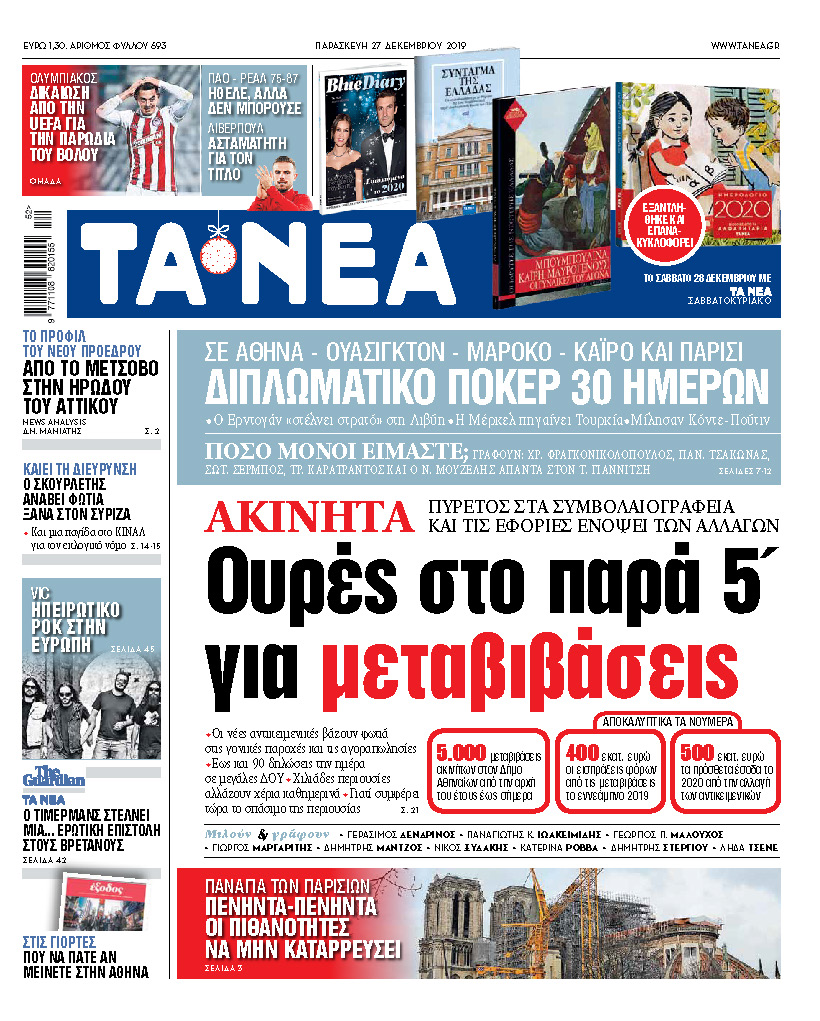 Διαβάστε στα «ΝΕΑ» της Παρασκευής: «Ακίνητα – Χαμός στο παρά 5 με τις μεταβιβάσεις»