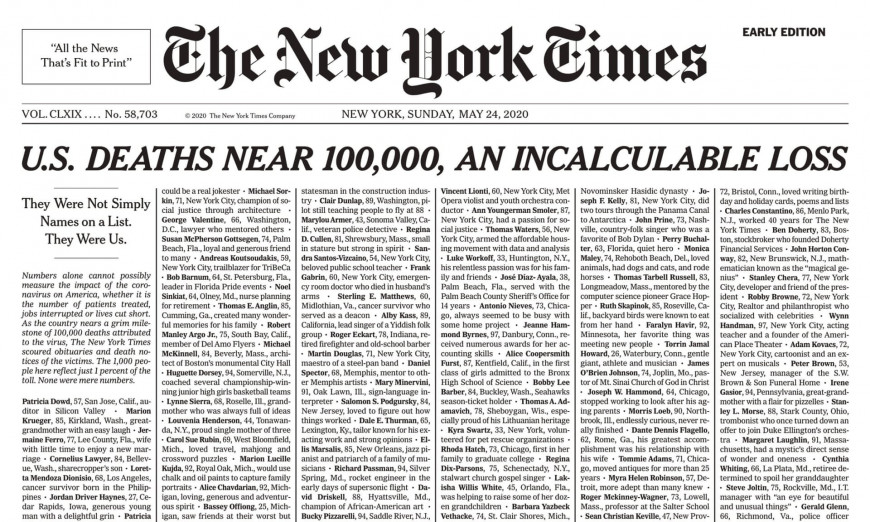 «Δεν ήταν απλώς ονόματα… Ήταν εμείς»: Το πρωτοσέλιδο των NYT για τα θύματα του κοροναϊού