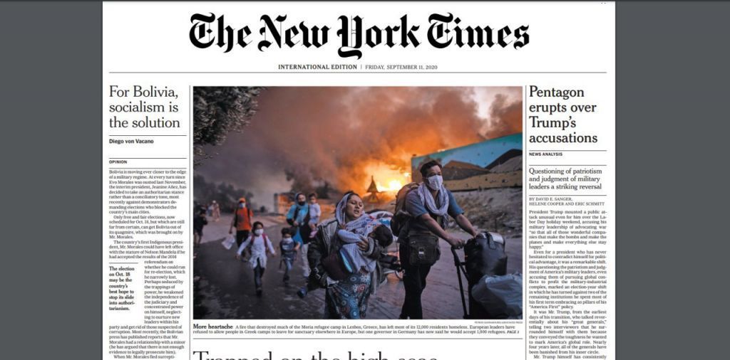 «Το τέλος της Μόριας»: Πρωτοσέλιδο στους New York Times η συγκλονιστική φωτογραφία Έλληνα φωτογράφου