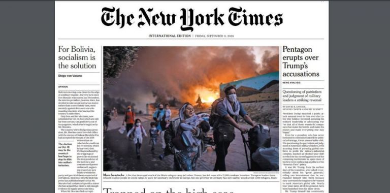 «Το τέλος της Μόριας»: Πρωτοσέλιδο στους New York Times η συγκλονιστική φωτογραφία Έλληνα φωτογράφου | tanea.gr