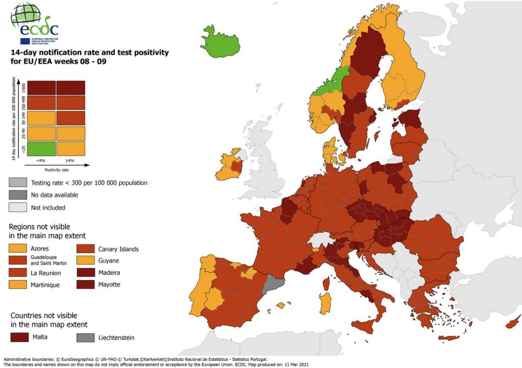 «Κοκκίνισε» και στους χάρτες του ECDC η Ελλάδα – Μεγάλη αύξηση στα κρούσματα και στον δείκτη θετικότητας