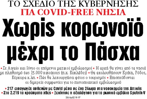 Στα «ΝΕΑ» της Παρασκευής : Χωρίς κοροναϊό μέχρι το Πάσχα