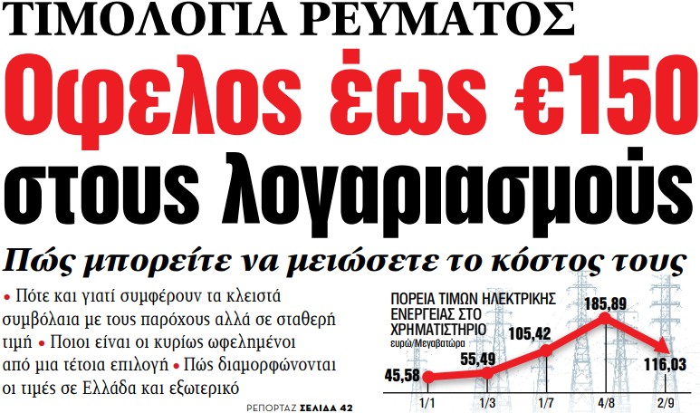 Στα «ΝΕΑ» της Τετάρτης – Οφελος έως €150 στους λογαριασμούς