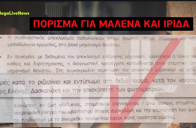 Αυτό είναι το πόρισμα για τους θανάτους Μαλένας και Ιριδας