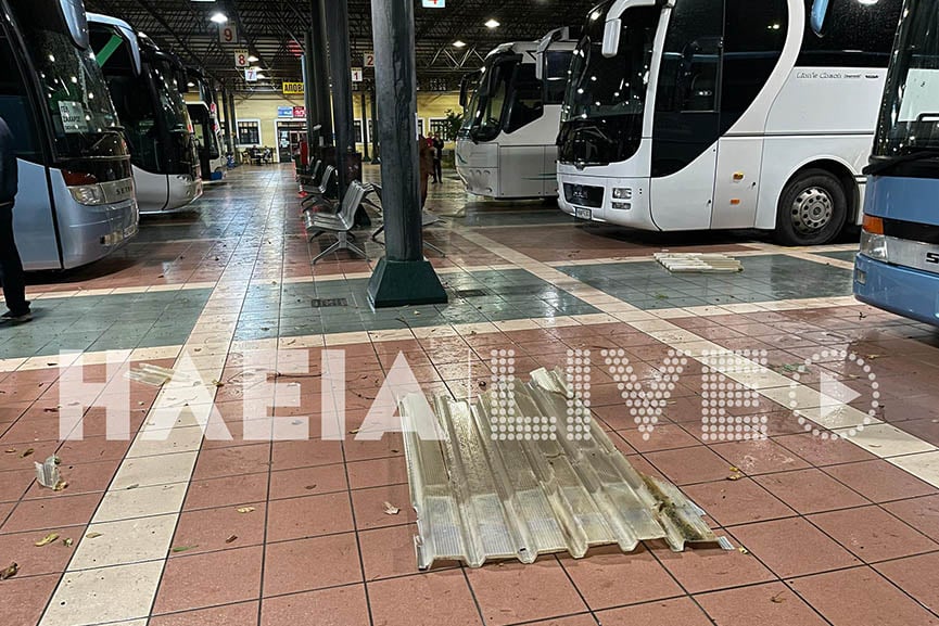 Ανεμοστρόβιλος ξήλωσε υπόστεγο στα ΚΤΕΛ του Πύργου- Κινδύνευσαν επιβάτες και διερχόμενοι