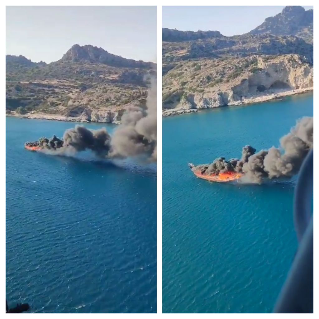 Η σοκαριστική στιγμή που τουριστικό πλοίο στη Ρόδο τυλίγεται στις φλόγες