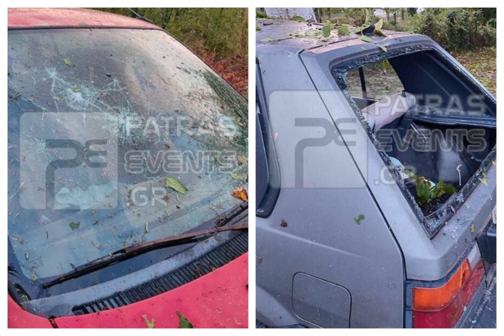 Σμπαράλια τα παρμπρίζ των αυτοκινήτων στο Κρυονέρι Καλαβρύτων από το χαλάζι