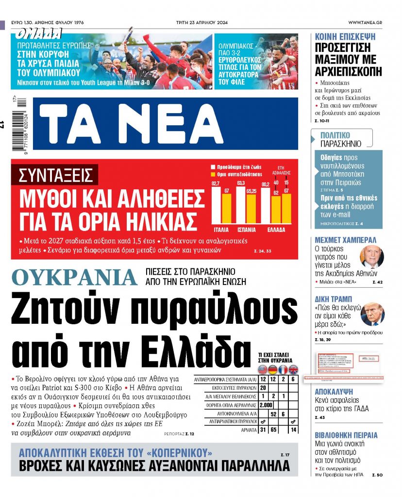 23.04.24 Στα «ΝΕΑ» της Τρίτης: Ζητούν πυραύλους από την Ελλάδα