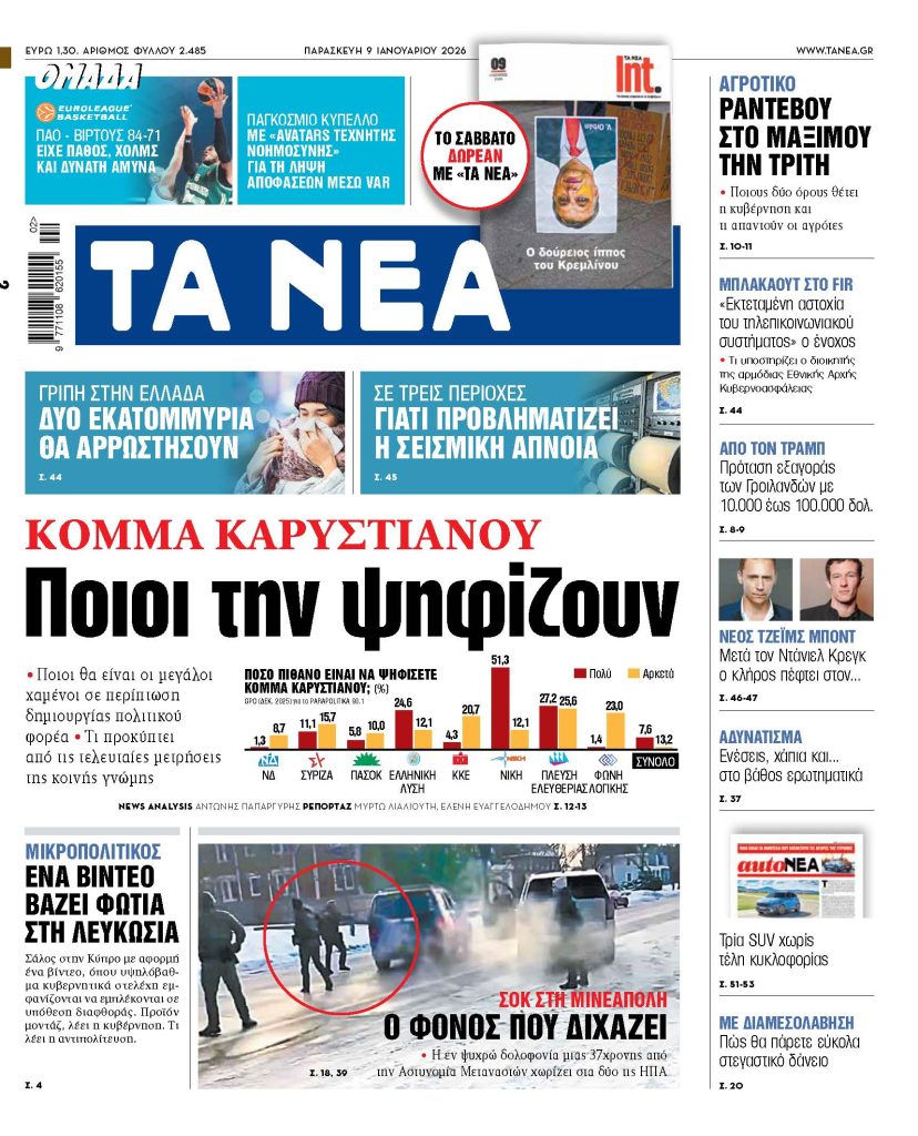 Διαβάστε στα «ΝΕΑ» της Παρασκευής: Κόμμα Καρυστιανού ποιοι την ψηφίζουν