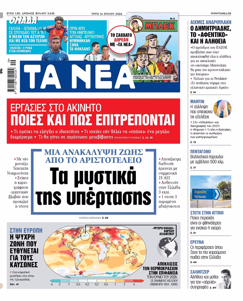 Ta Nea newspaper covers hypertension secrets, political wiretapping, and climate mystery